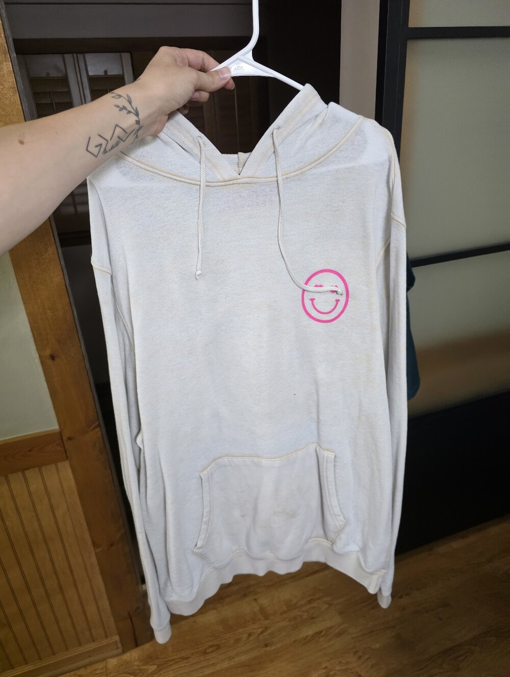 Neutral Cream Hoodie with Pink Smiley Logo
